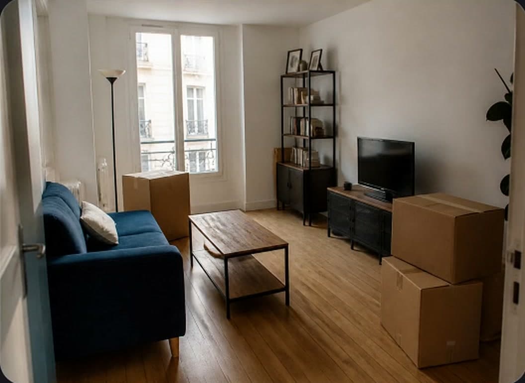 Un séjour photographié depuis l'entrée : canapé, table basse, bibliothèque, téléviseur et cartons.